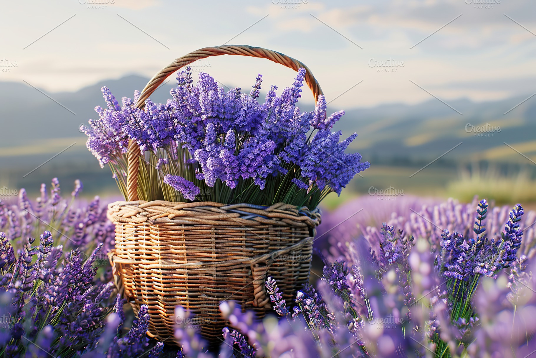 Basket with lavender flowers on lavender field background, a Photo by AlyaAnd