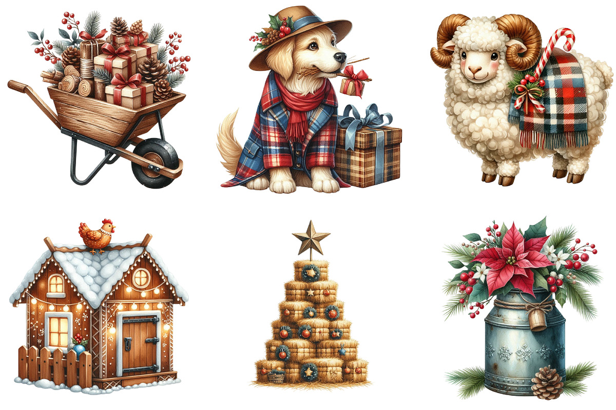 Cozy Farm Christmas Watercolor, an Illustration by DreamArtGraphic (Photo 2 of 6)
