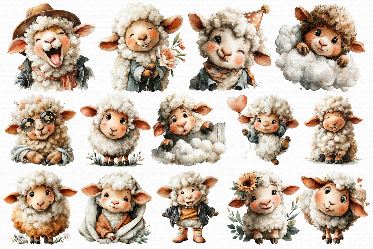 Watercolor Funny Sheep Clipart, an Illustration by Libby Wishes (Photo 2 of 7)