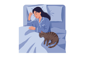 A woman in blue pajamas lying in bed, an Illustration by designvectx