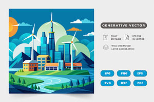City skyline with modern wind turbin, a Graphic by SaroStock