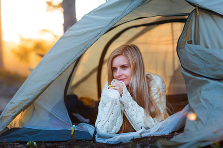Young blonde woman relax in camping containing tent, young, and nature