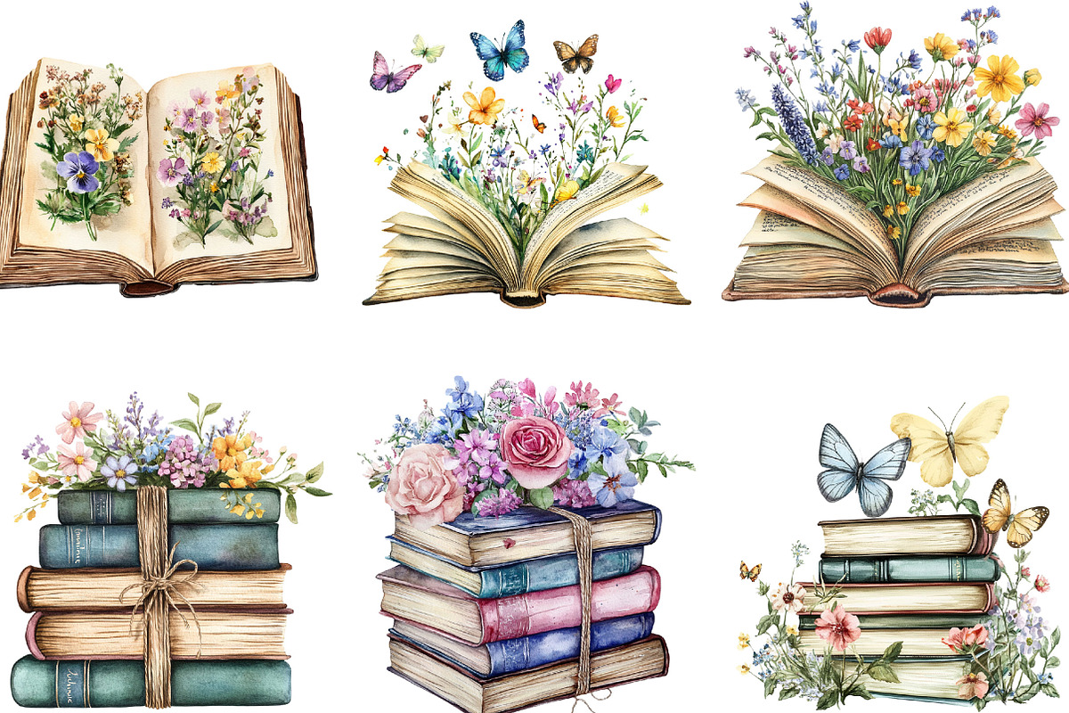 Wildflower Books Watercolor Clipart, an Illustration by Designking (Photo 2 of 5)