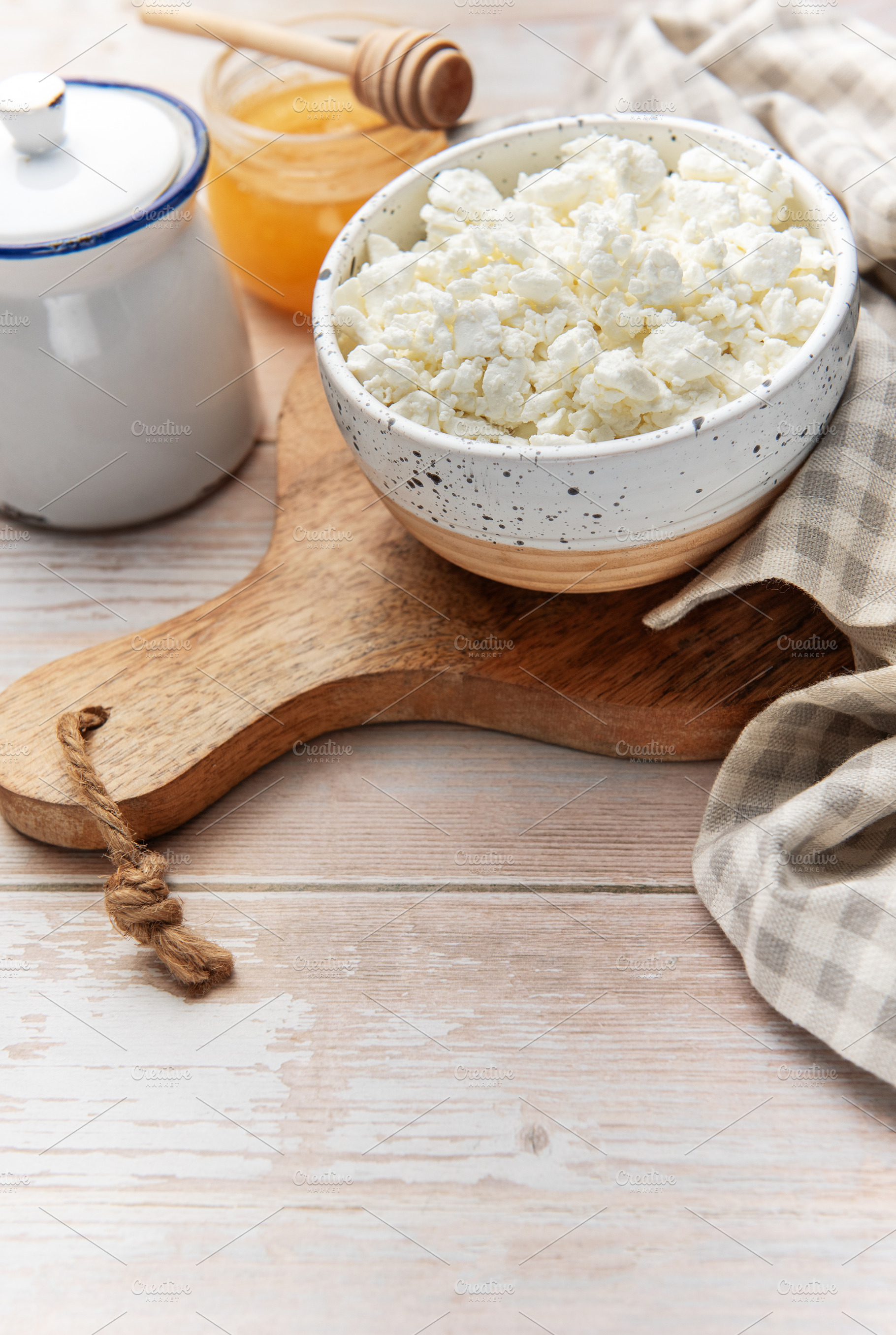 Cottage cheese and honey for healthy breakfast, a Food & Drink Photo by Olena Rudo