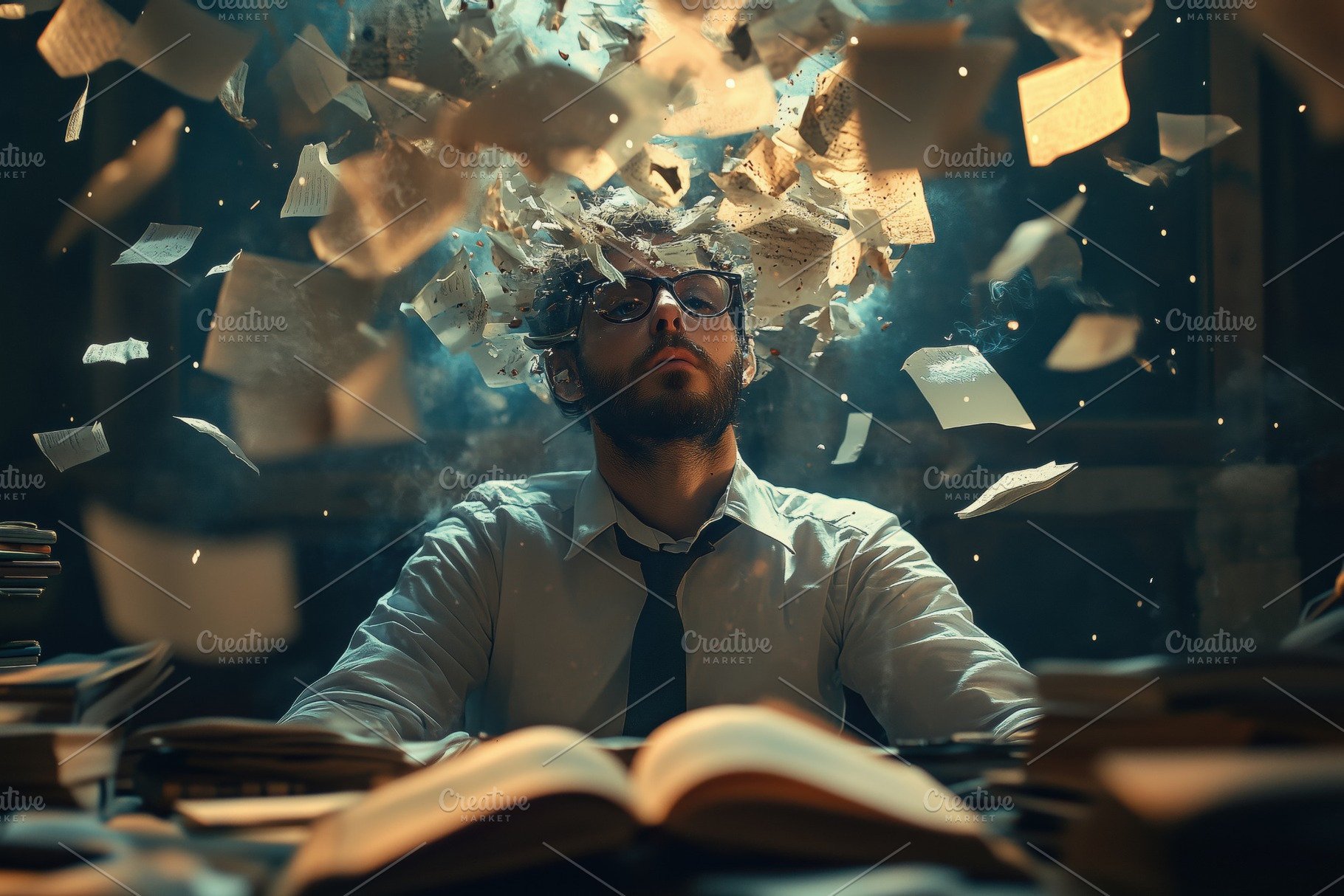 A psycholinguist man with glasses sits at a desk surrounded by flying papers, s, a Person Photo by Textures & Backgrounds