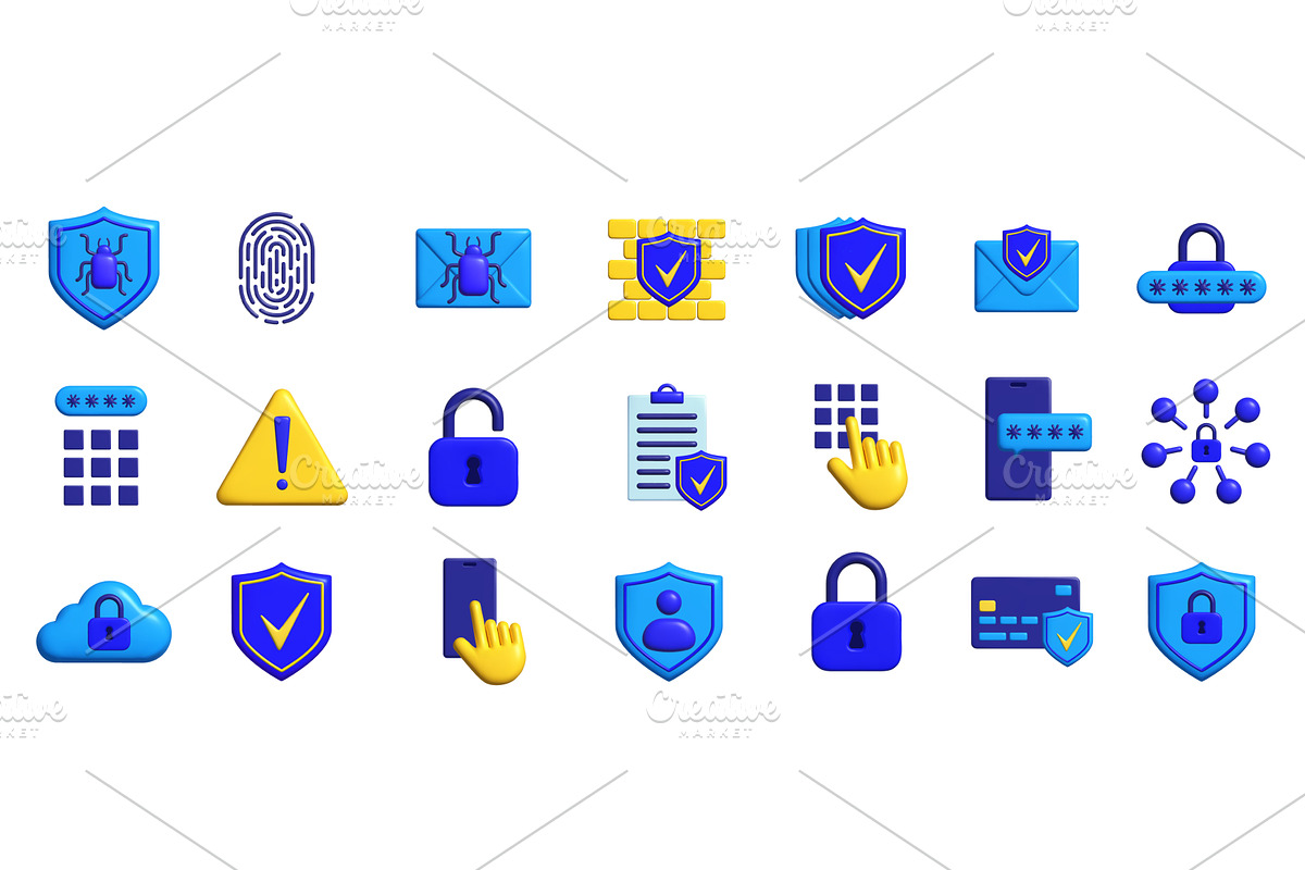Set of blue 3d security icons show, an Object Illustration by Woters little shop