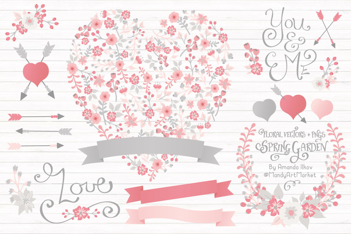 Pink & Grey Floral Heart & Banners, an Illustration by Amanda Ilkov (Photo 1 of 4)
