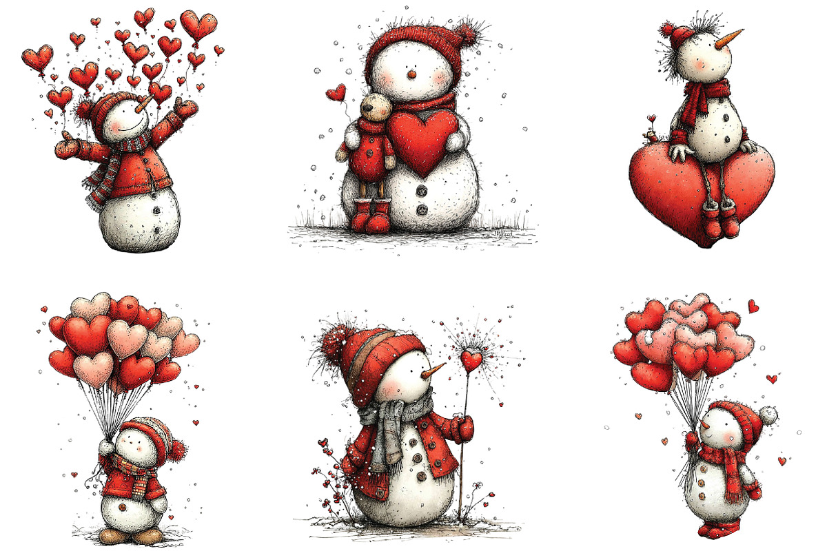 Whimsical Snowman Valentine Clipart, an Illustration by CraftArtStudio (Photo 5 of 6)