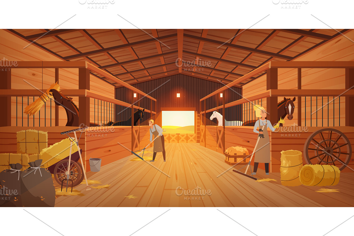 Workers couple in a horse stable, an Illustration by Lemberg Vector