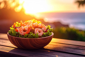 Vibrant shrimp salad with fresh greens and colorful vegetables, lightly dressed