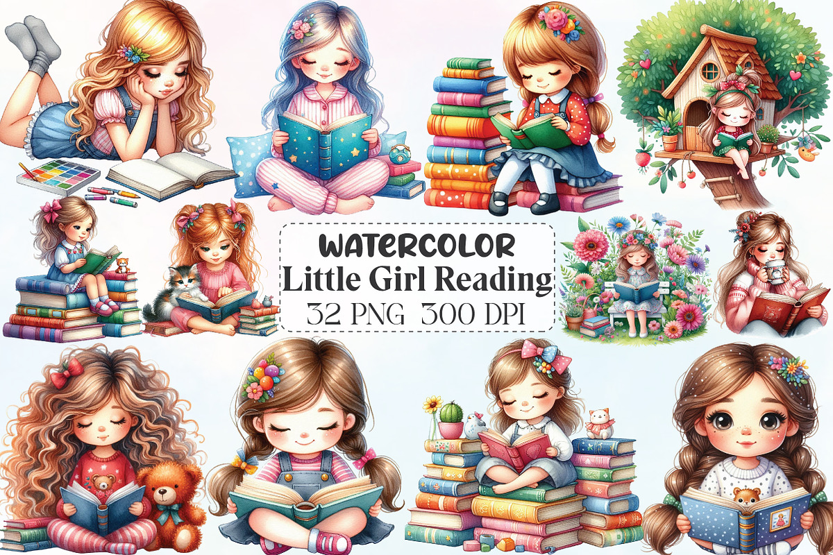 Cute Little Girl Reading Clipart, an Illustration by CraftArtStudio (Photo 1 of 6)