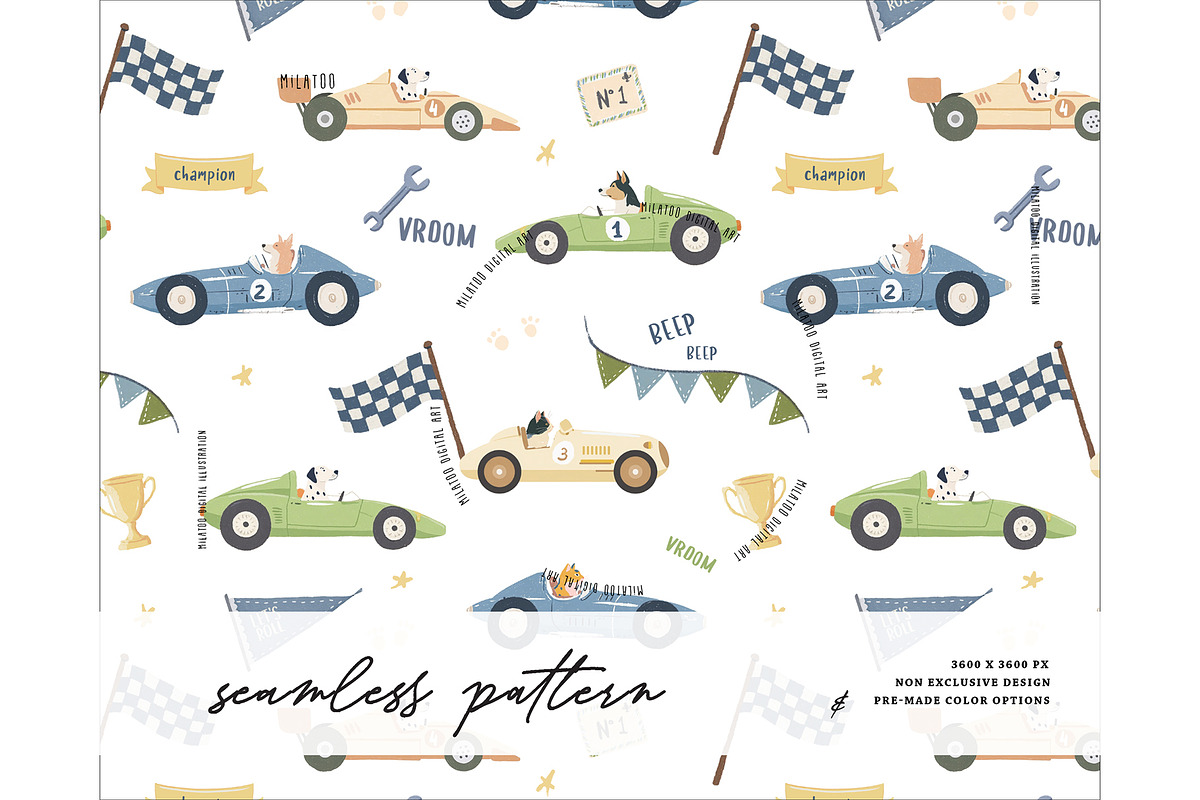 Racing pattern Cat Dog Racer car f1, a Pattern Graphic by Milatoo (Photo 1 of 4)