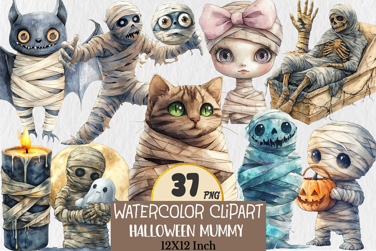 Watercolor Halloween Mummy Clipart, an Illustration by Rose Art (Photo 1 of 5)