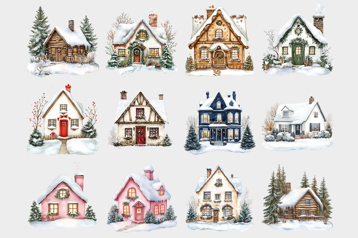 Watercolor Festive Houses Clipart, a Seasonal Illustration by Design Market (Photo 3 of 5)