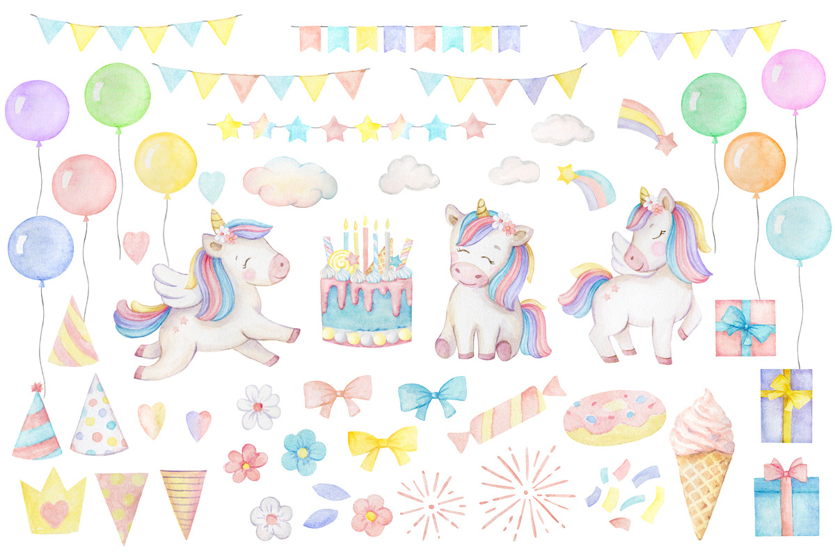 Watercolor Cute Rainbow Unicorns, a Decorative Illustration by Elena Medvedeva (Photo 2 of 6)