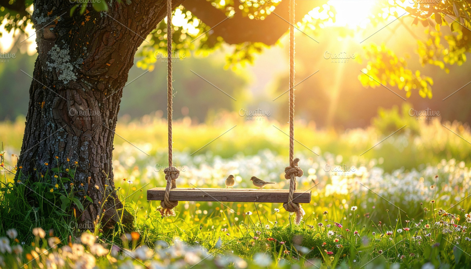 Birds on Wooden Swing at Sunrise, a Sports & Recreation Photo by Davizro's Market