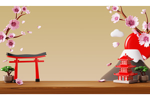 Japanese wooden table with Mount, a Plants & Tree 3D Model by Marozhkastudio
