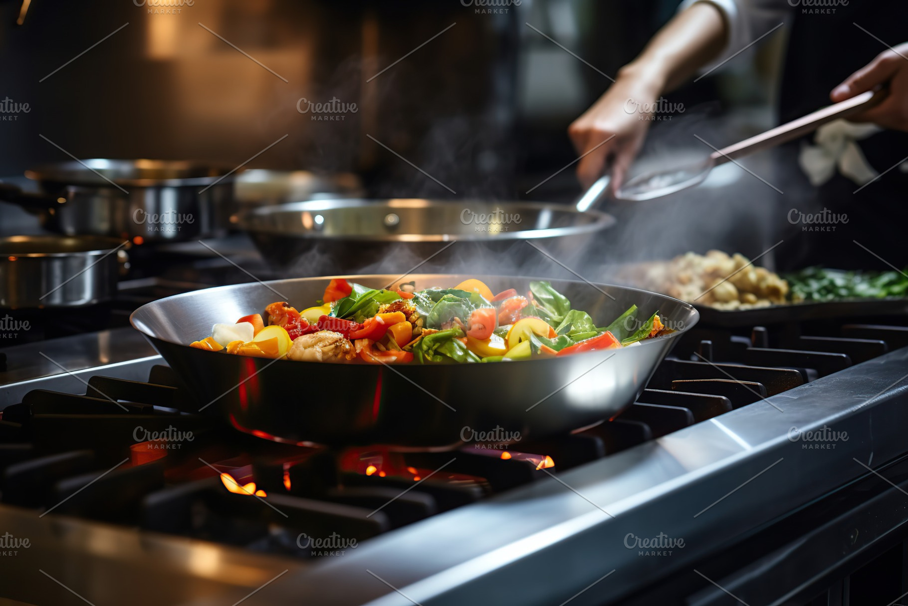Chef cooking vegetables in pan, a Food & Drink Photo by AlyaAnd