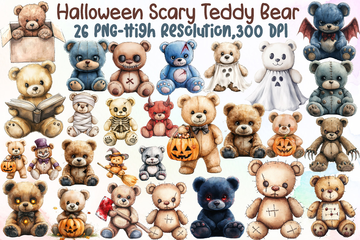 Halloween Scary Teddy Bear Clipart, an Illustration by Sublimation Artist (Photo 1 of 6)