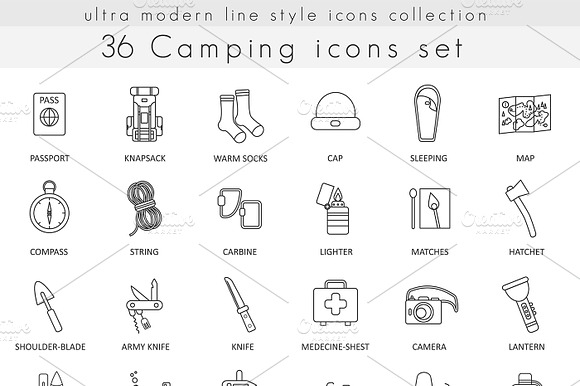 36 Camping Line Icons Set.