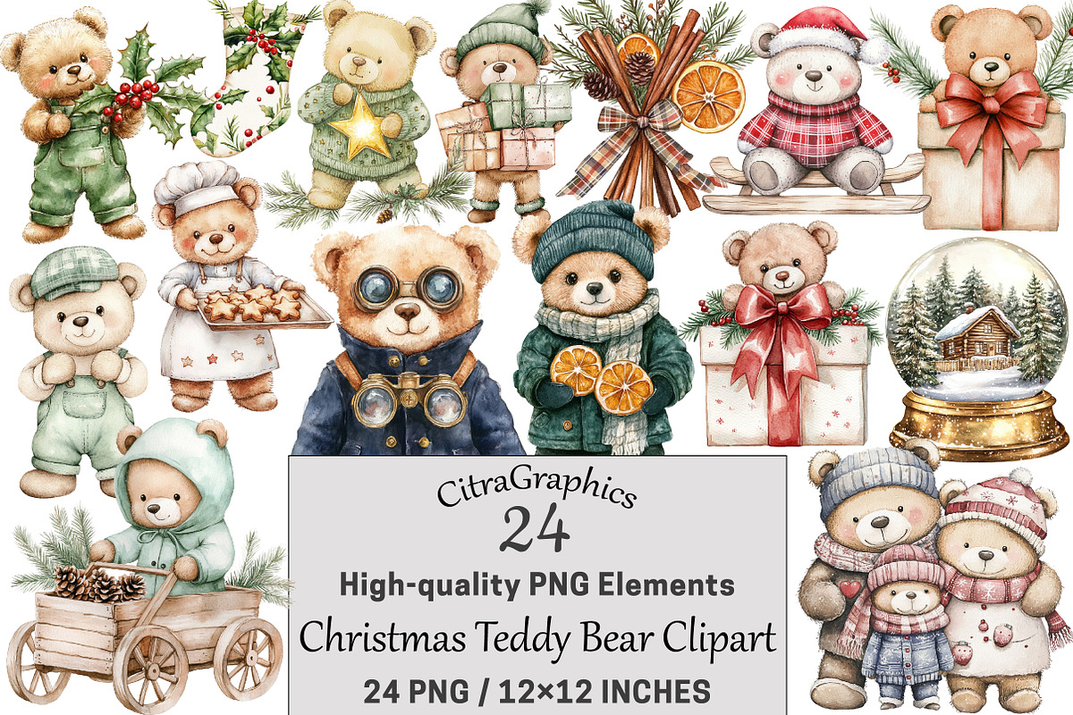 Christmas Teddy Bear Clipart, a Seasonal Illustration by CitraGraphics (Photo 1 of 5)