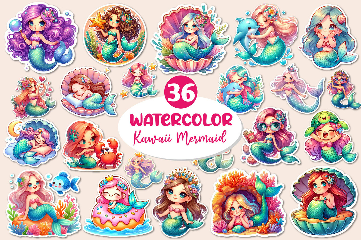 Kawaii Mermaid Clipart Bundle, an Illustration by Dream Creation (Photo 1 of 4)