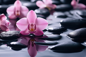 Elegant pink orchid blossoms resting, a Photo by Pavel_design
