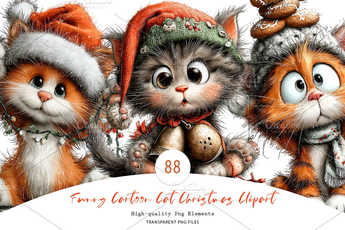 Funny Cartoon Cat Christmas Clipart, a Seasonal Illustration by CreationArt (Photo 1 of 7)