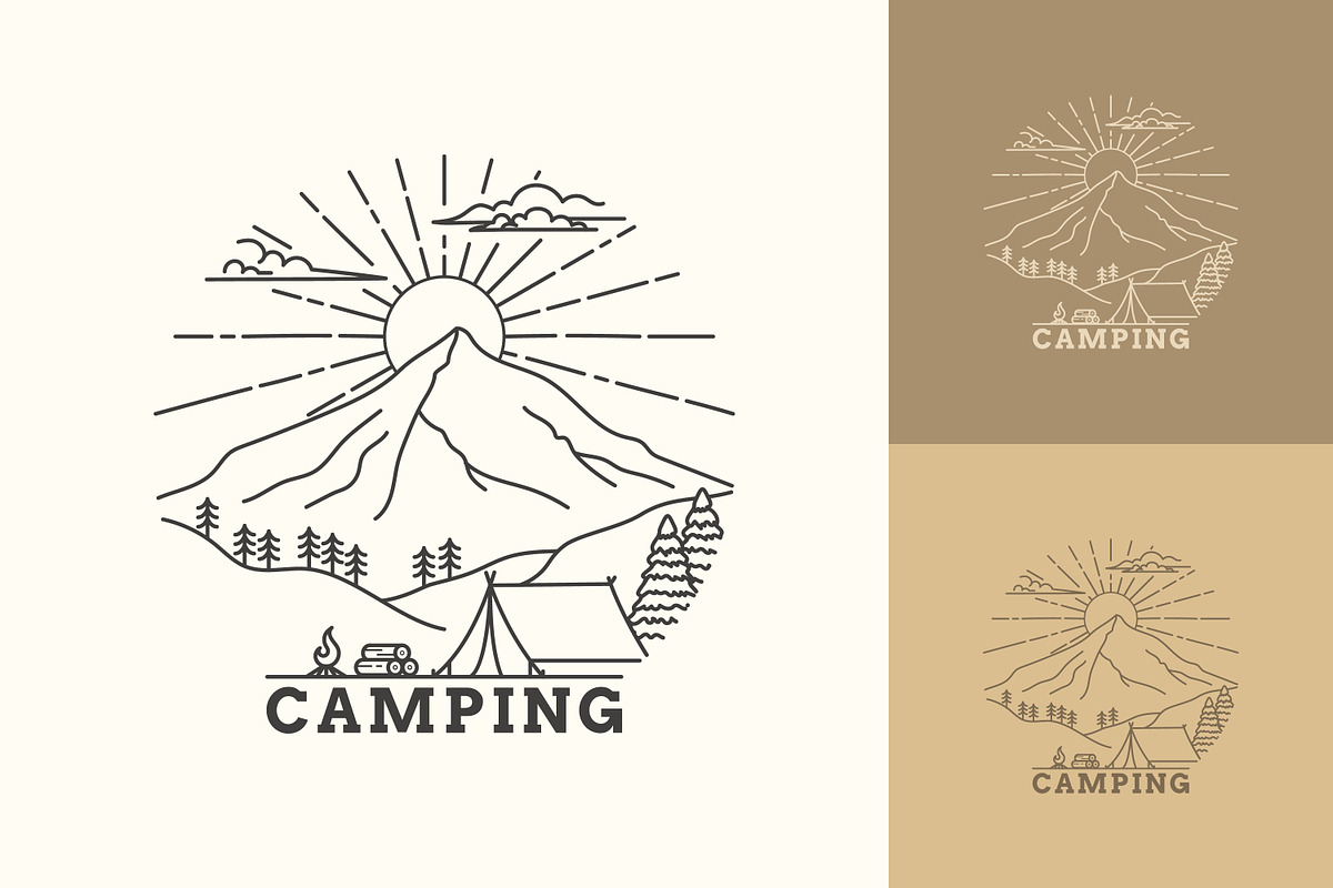 Monoline camping logo design, a Branding & Logo Template by Saba Vector