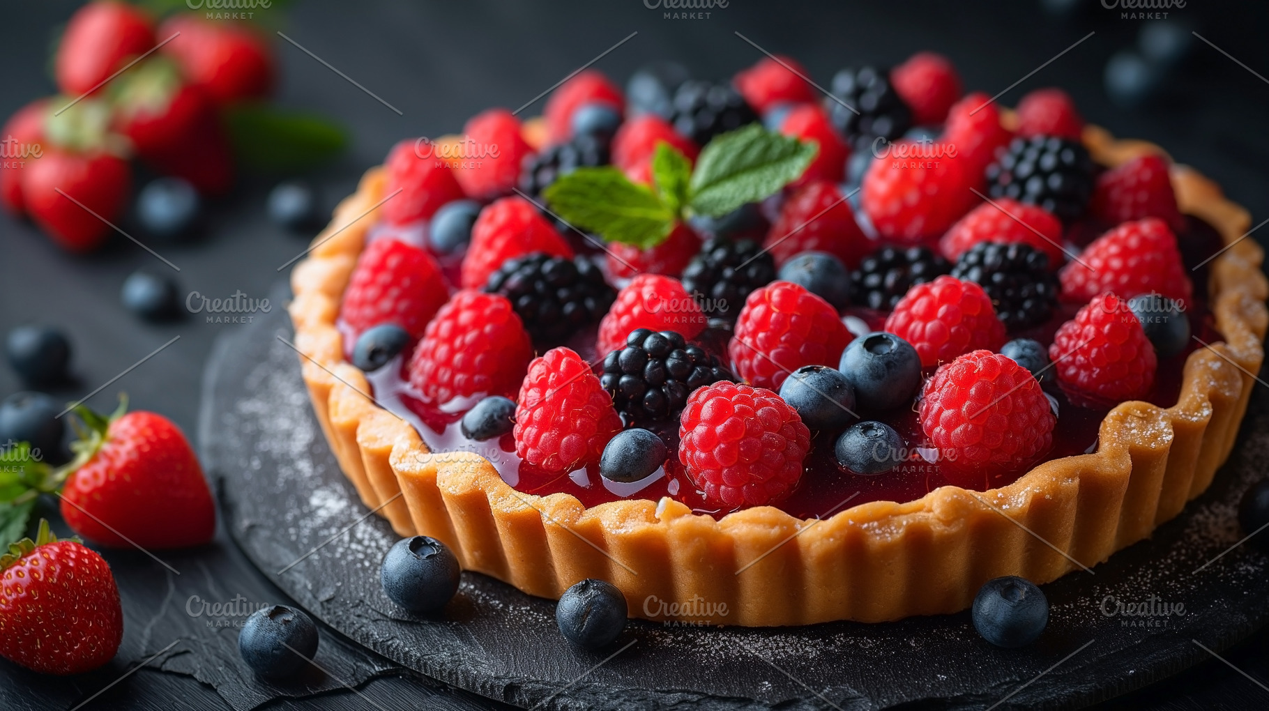A delightful berry tart brimming with fresh strawberries, bluebe, a Food & Drink Photo by ImageMir