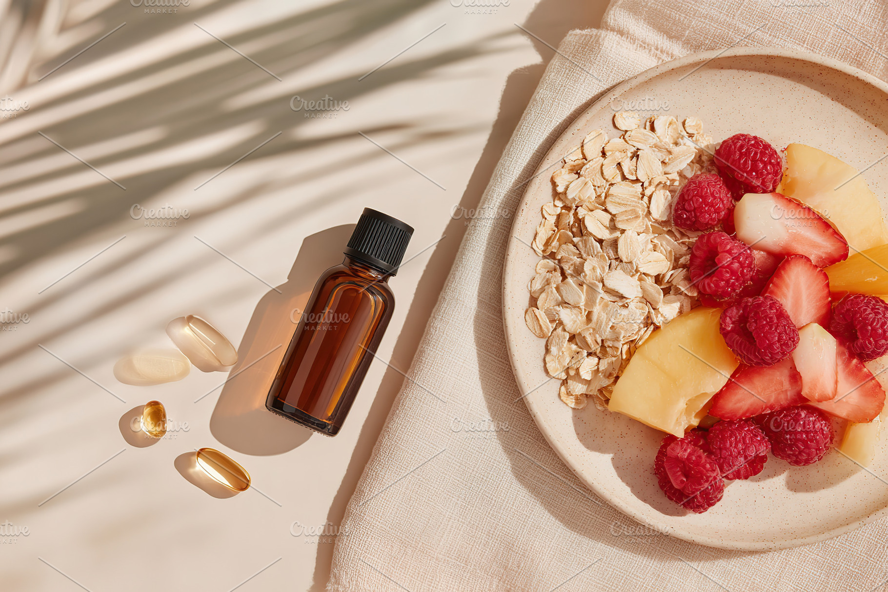 Healthy breakfast composition with fruits, oats, and essential oil on a neutral, a Photo by AlyaAnd