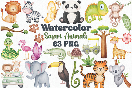 Watercolor Safari Animals Clipart