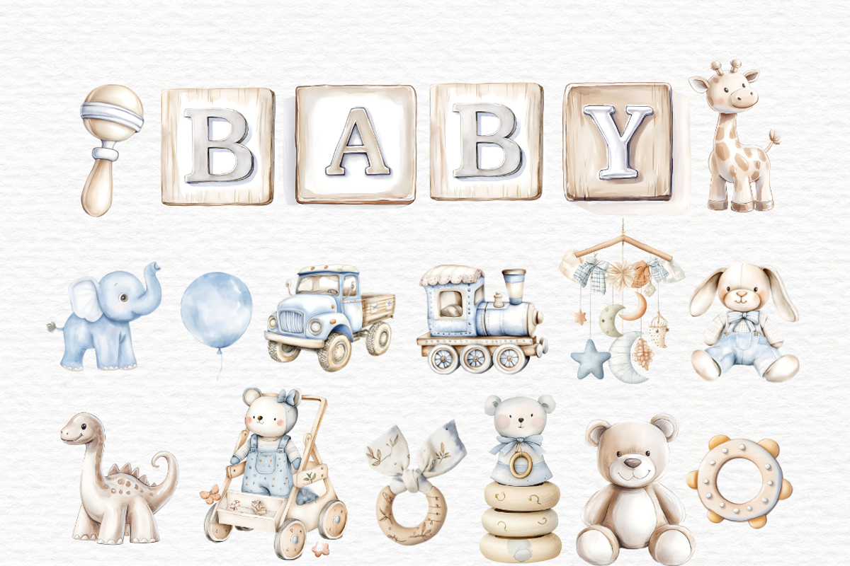 Watercolor baby boy toy blue clipart, a Decorative Illustration by Invite to Clipart (Photo 5 of 7)