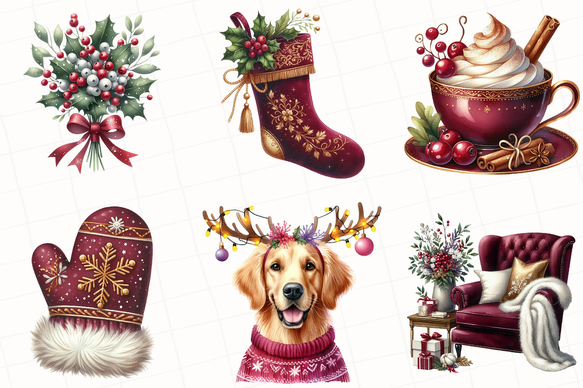 Elegant Burgundy Christmas Clipart, an Illustration by OK Design (Photo 3 of 5)