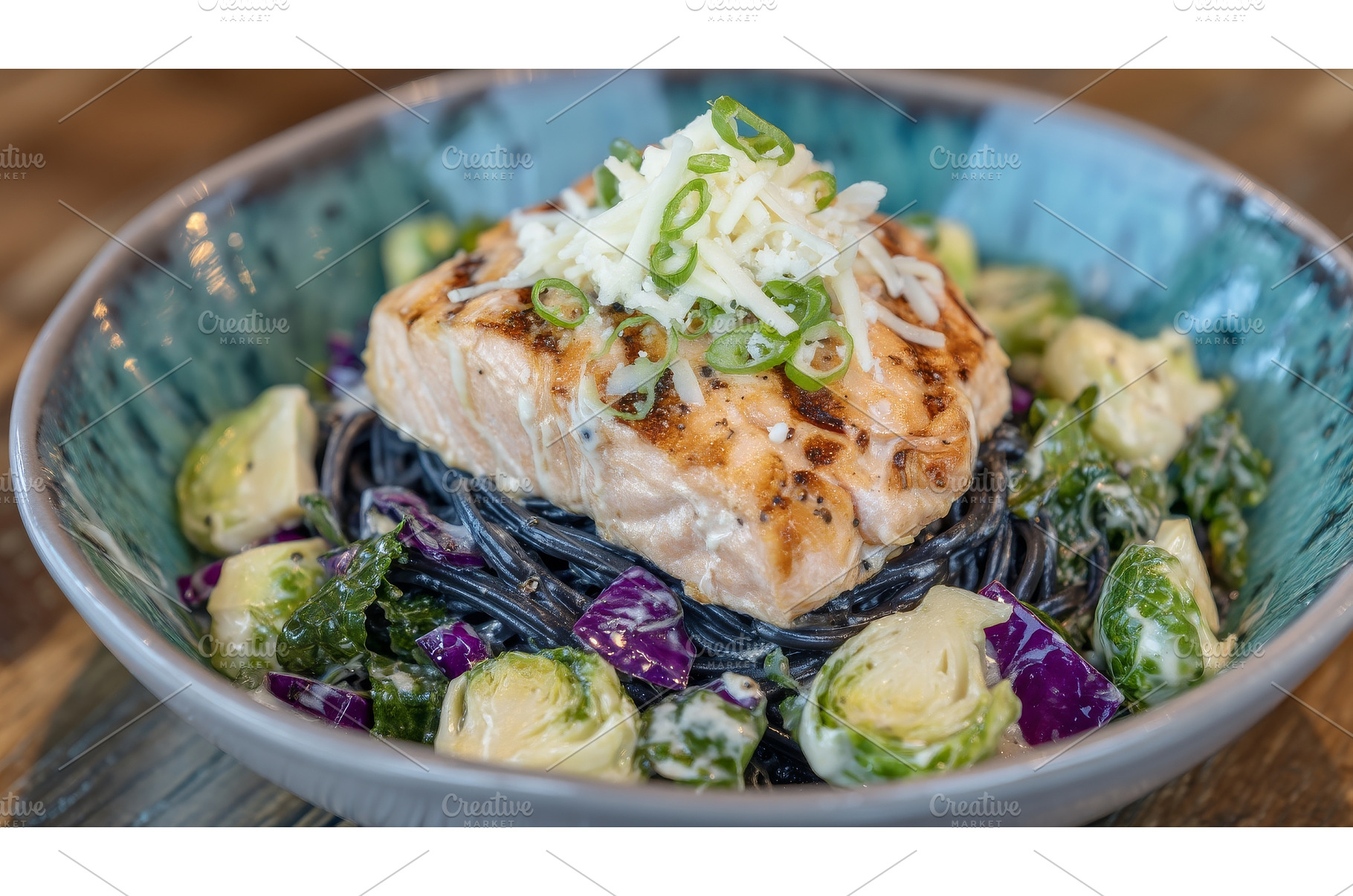 A glazed salmon fillet is served on, a Food & Drink Photo by ZinetroN