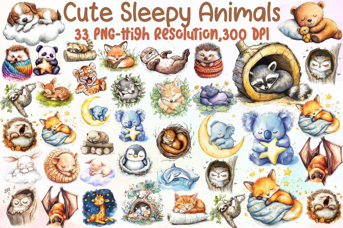Cute Sleepy Animals Clipart Png Bund, an Illustration by Sublimation Artist (Photo 1 of 6)