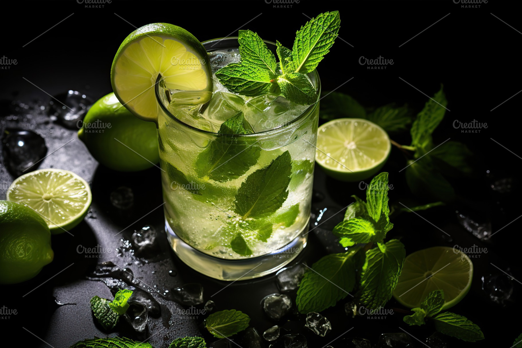Alcoholic mojito with ice and mint on black background, a Food & Drink Photo by AlyaAnd