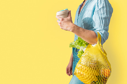 Zero waste shopping  female holding featuring grocery, food, and organic, a Food & Drink Photo by NaumenkoOS
