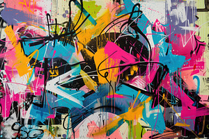 A Vibrant Abstract Graffiti Mural Featuring Bold Colors Like Pink, Blue, Yellow