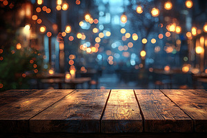 Rustic wooden table with atmospheric lights in an outdoor cafe setting, an Illustration by AS photostudio