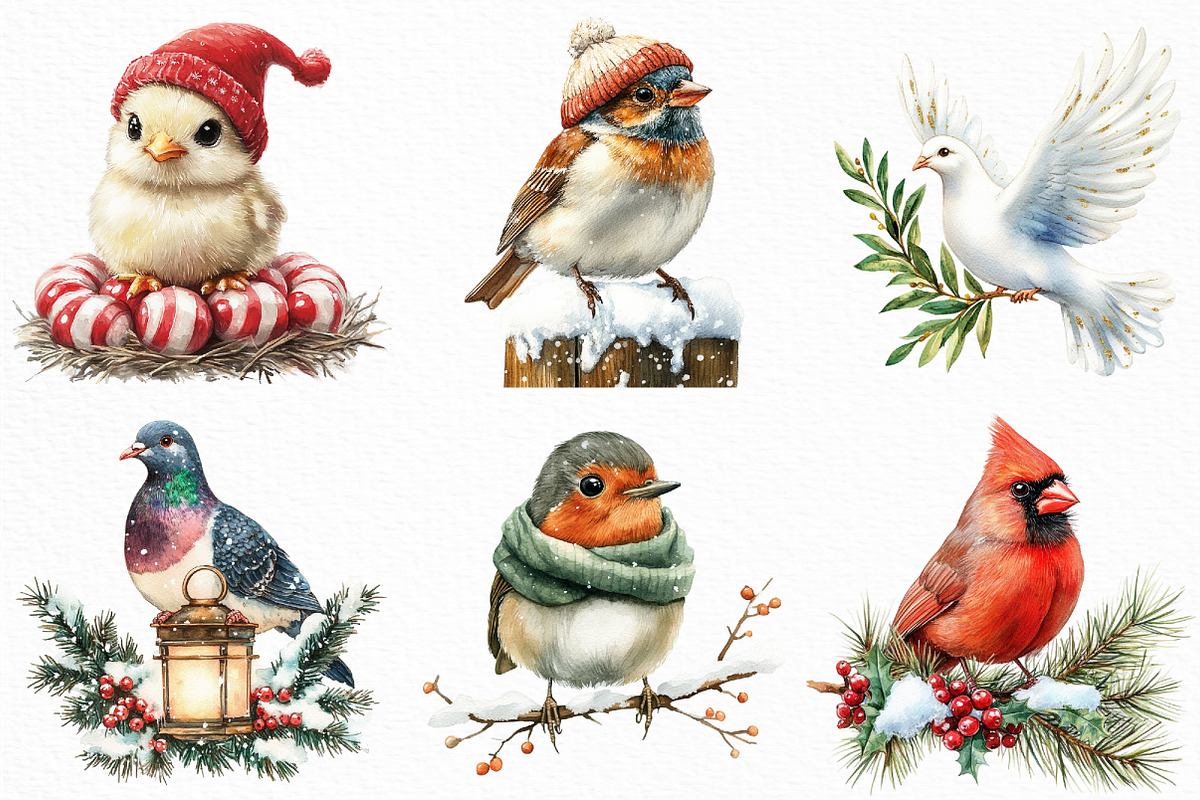 Watercolor Christmas Birds Clipart, an Illustration by Craft Nest (Photo 5 of 6)