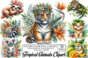 Watercolor Tropical Animals Clipart, an Illustration by DreamPrint404