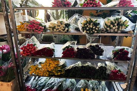 Colorful floral bouquets displayed on metal shelves in a flower shop interior, a Photo by AS photostudio