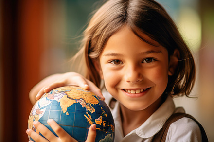 Cheerful headshot photo of a young girl with freckles and two br, a School & Education Photo by designvectx