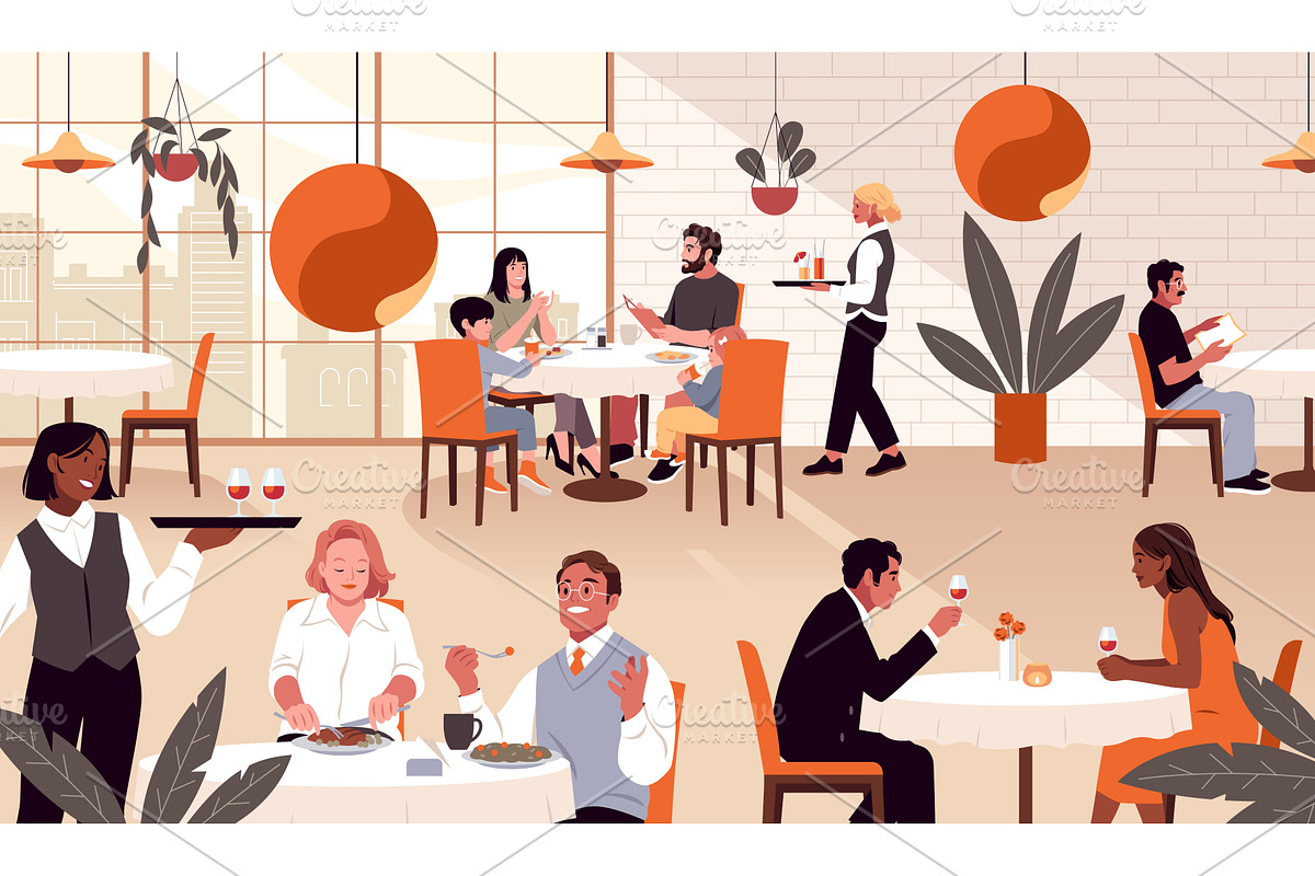 People at restaurant hall. Customers, a Food Illustration by YummyBuum