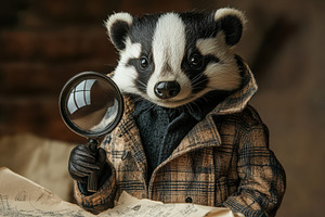 Badger detective investigating old m, an Animal Photo by Pixeness Studio
