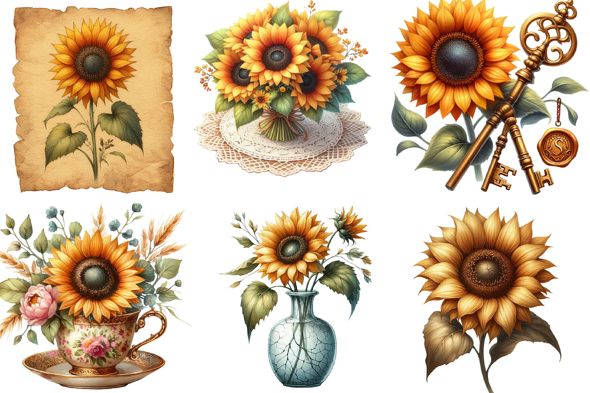 Vintage Sunflowers Autumn Clipart, an Illustration by Designking (Photo 2 of 4)