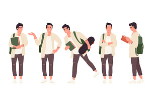 Male Student Poses Set With Backpack, a Person Illustration by Flashvector