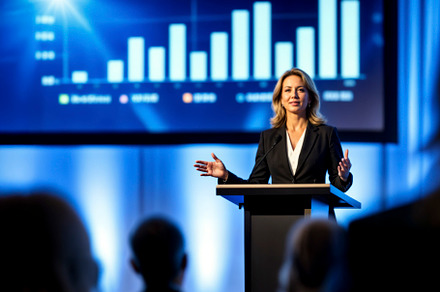 Confident female speaker presenting