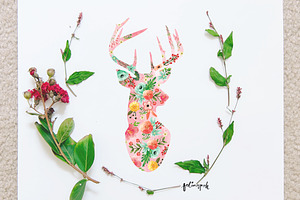 Watercolor Deer Flowery-Filled